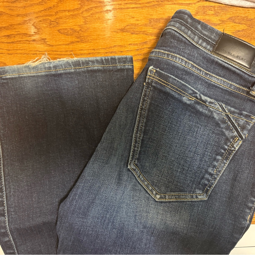 Buckle Dark Blue Denim Jeans with Interior Label Detail